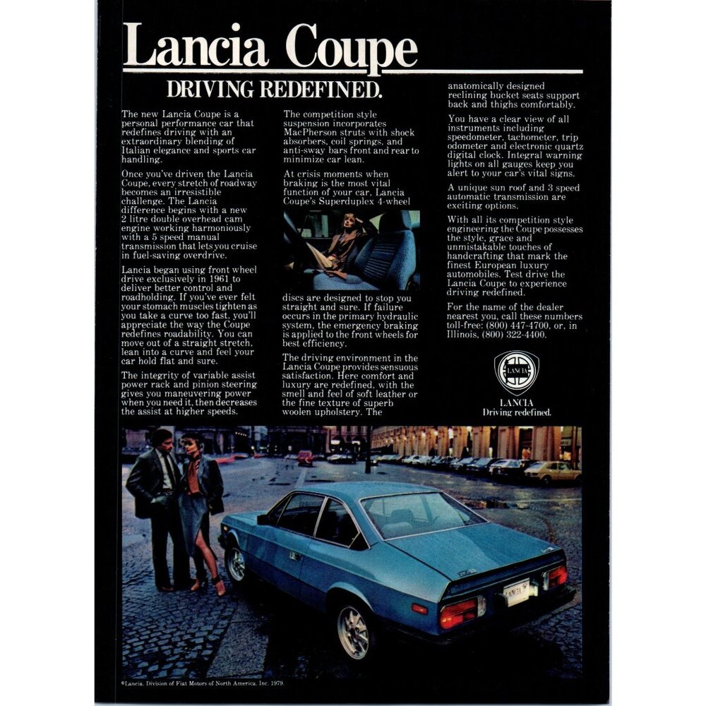 1979 Lancia Coupe Sports Car Vintage Print Ad Downtown Cobblestone Street Art